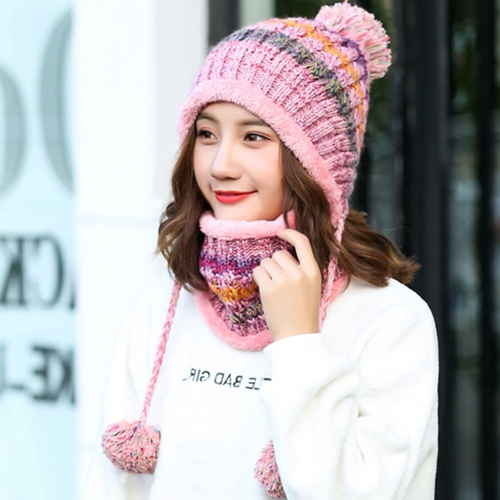 Winter Colorful Knit Pom Pom Hat with Neck Gaiter - Picture 2 of 7